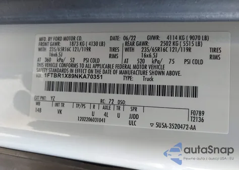 2022 Ford Transit-250 z USA, uszkodzony, nr VIN 1FTBR1X89NKA70351